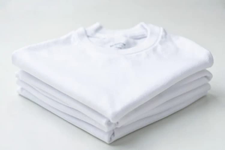 Pilha de camisetas promocionais de algodão branco, mostrando a textura do tecido.