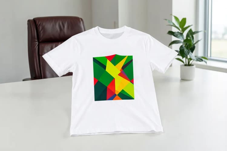 Design gráfico abstrato com formas geométricas coloridas sobre uma camiseta branca.