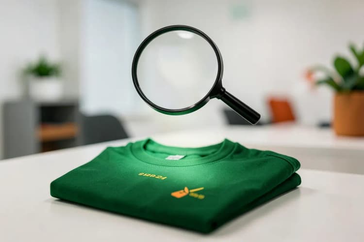 Lupa examinando a etiqueta de uma camiseta promocional.