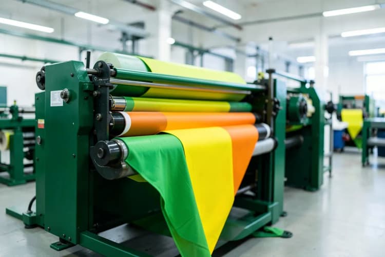 Impressora gráfica industrial com rolos de tecido para impressão de camisetas.