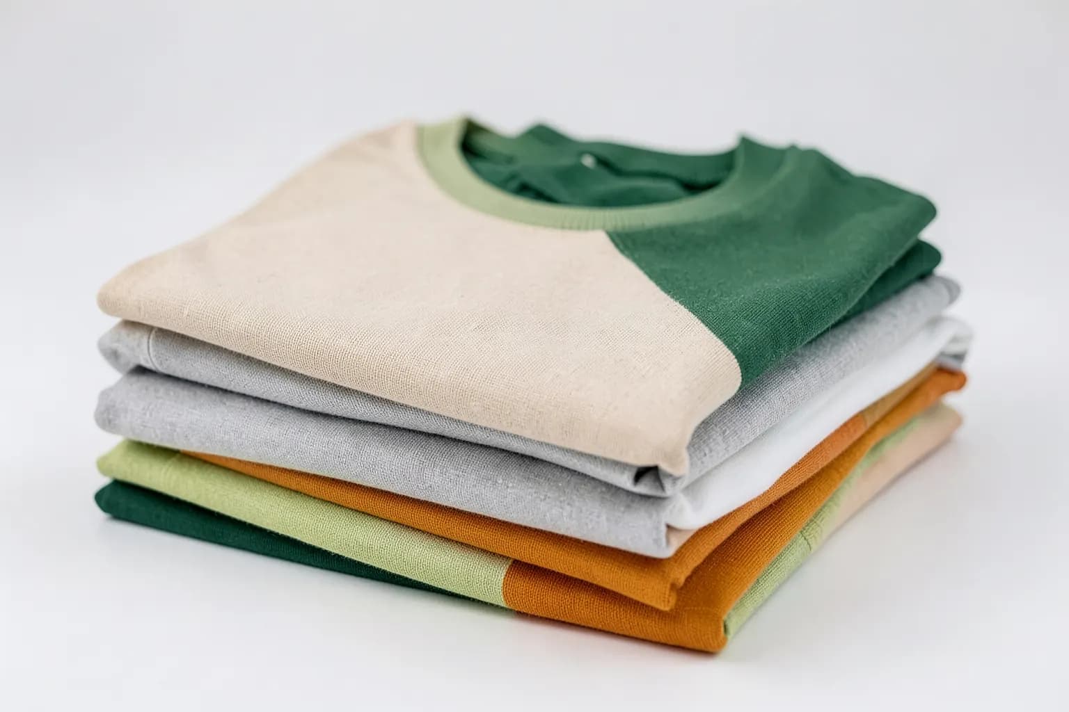 Camisetas promocionais de algodão dobradas em pilha, com foco em detalhes de tecido e costura.