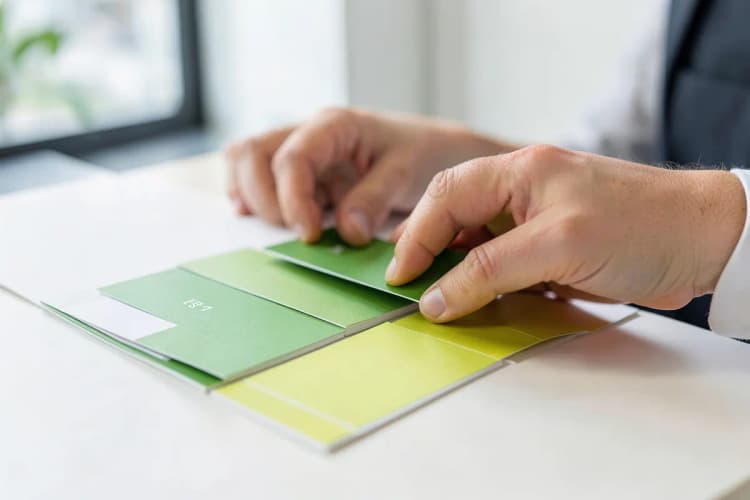 Mãos organizando amostras de papel e cartões de visita em uma mesa de escritório.