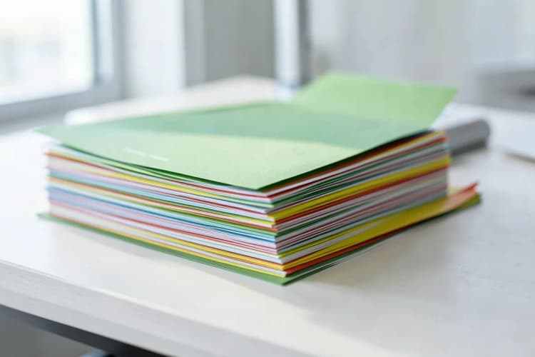 Mãos organizando pilhas de papéis coloridos e impressos em uma mesa de trabalho, com foco na textura e nas cores vibrantes dos materiais.