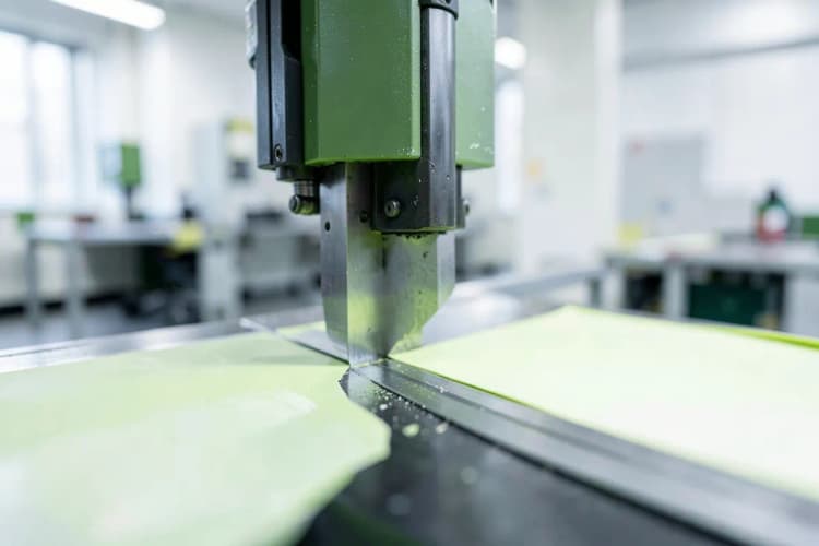 Close-up de uma máquina de corte industrial em ação, com foco nas lâminas precisas e no papel sendo cortado com perfeição.