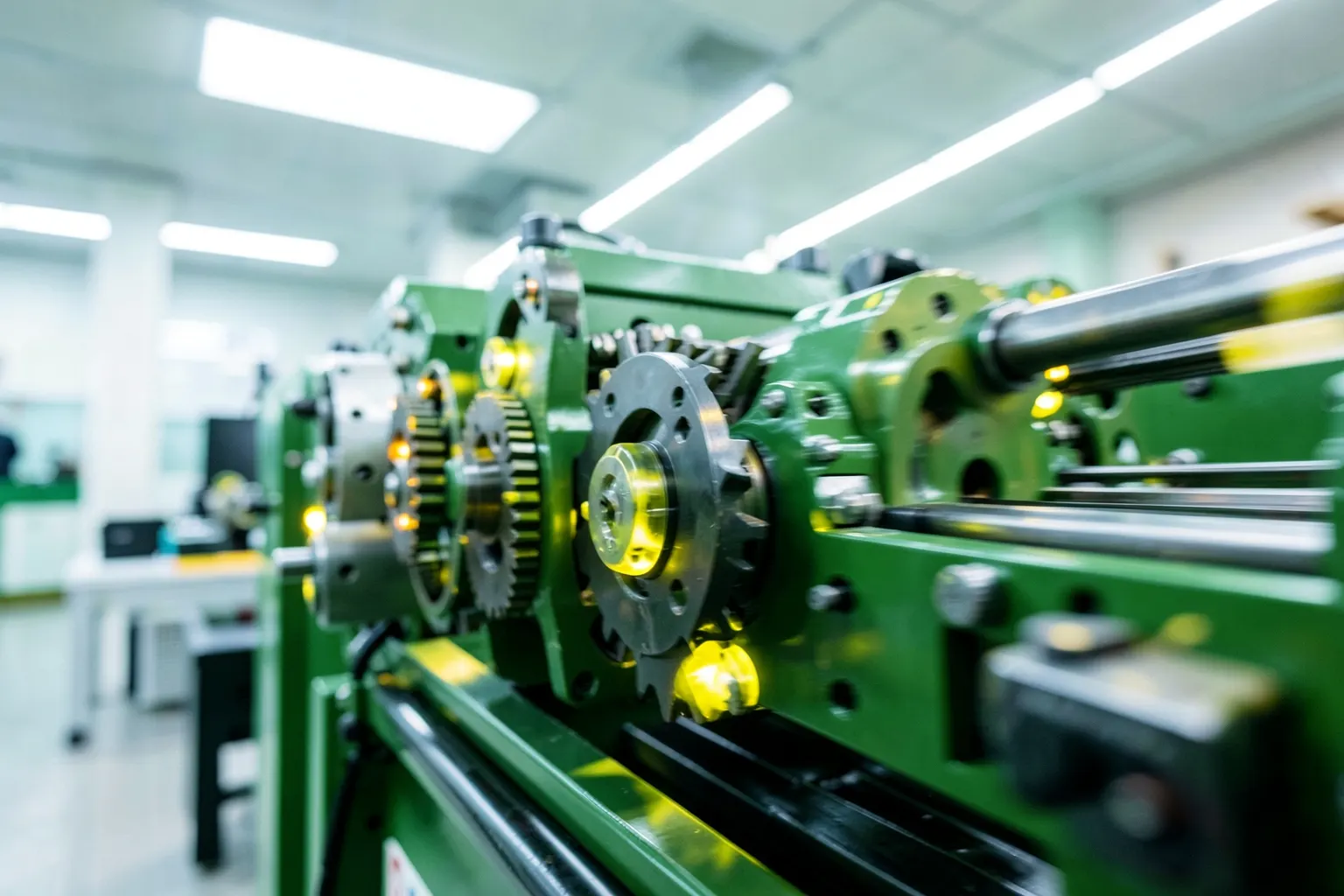 Uma impressora industrial em funcionamento, com foco em detalhes mecânicos e luzes de operação, em um ambiente de produção limpo e organizado.