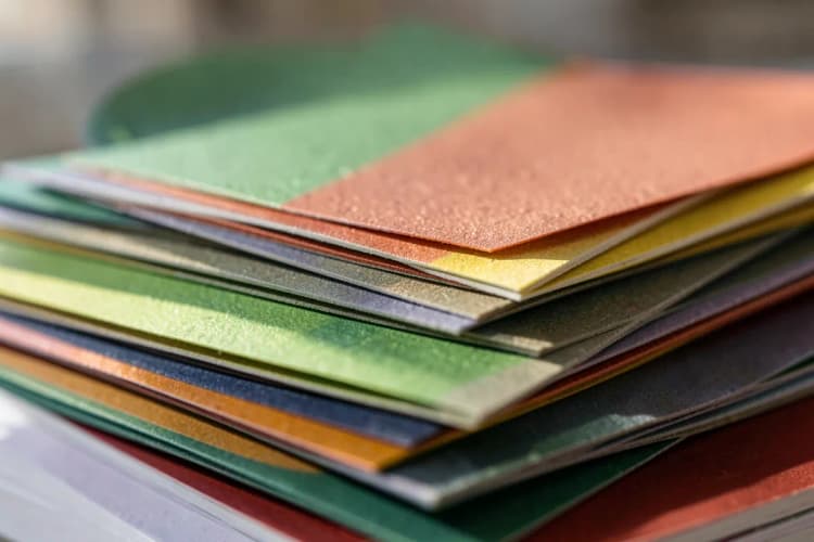 Pilha de papéis de diferentes gramaturas e texturas, simulando a escolha de material para impressão.