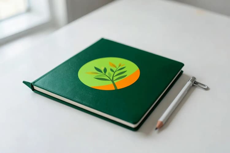 Um caderno fechado com um adesivo personalizado de uma planta verde aplicado na capa, ao lado de um lápis e um clipe de papel.