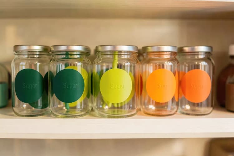Um conjunto de potes de vidro transparentes, cada um com um adesivo personalizado circular identificando o conteúdo, como "Açúcar" e "Café", sobre uma prateleira de cozinha.