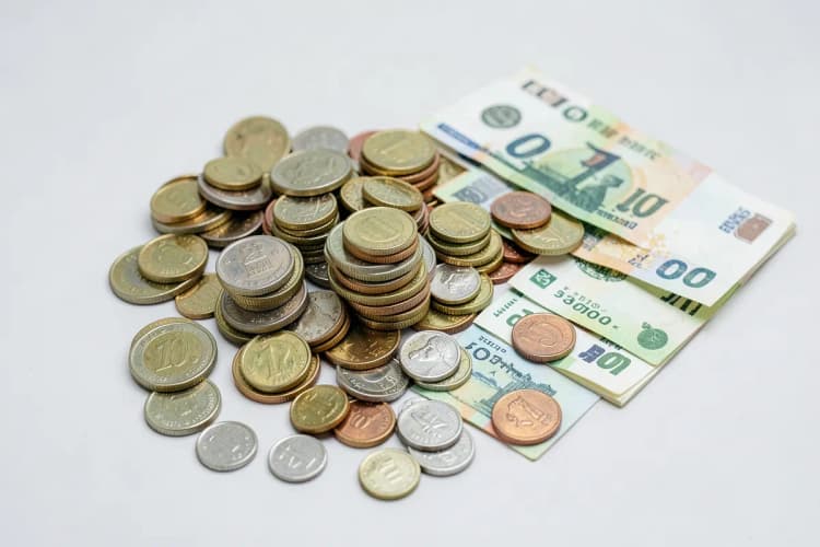 Uma pilha de moedas de diferentes valores e algumas notas de dinheiro dobradas, sugerindo o custo de produção de adesivos.