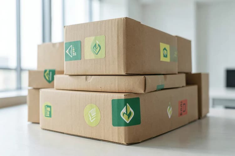 Um conjunto de caixas de papelão marrons empilhadas, cada uma decorada com um adesivo personalizado com o logotipo da empresa, transmitindo uma sensação de envio e marca.