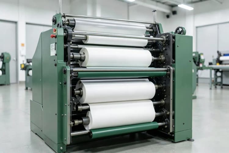 Uma impressora gráfica industrial em operação, com foco nos rolos de papel e tinta, simbolizando o processo de impressão de materiais.