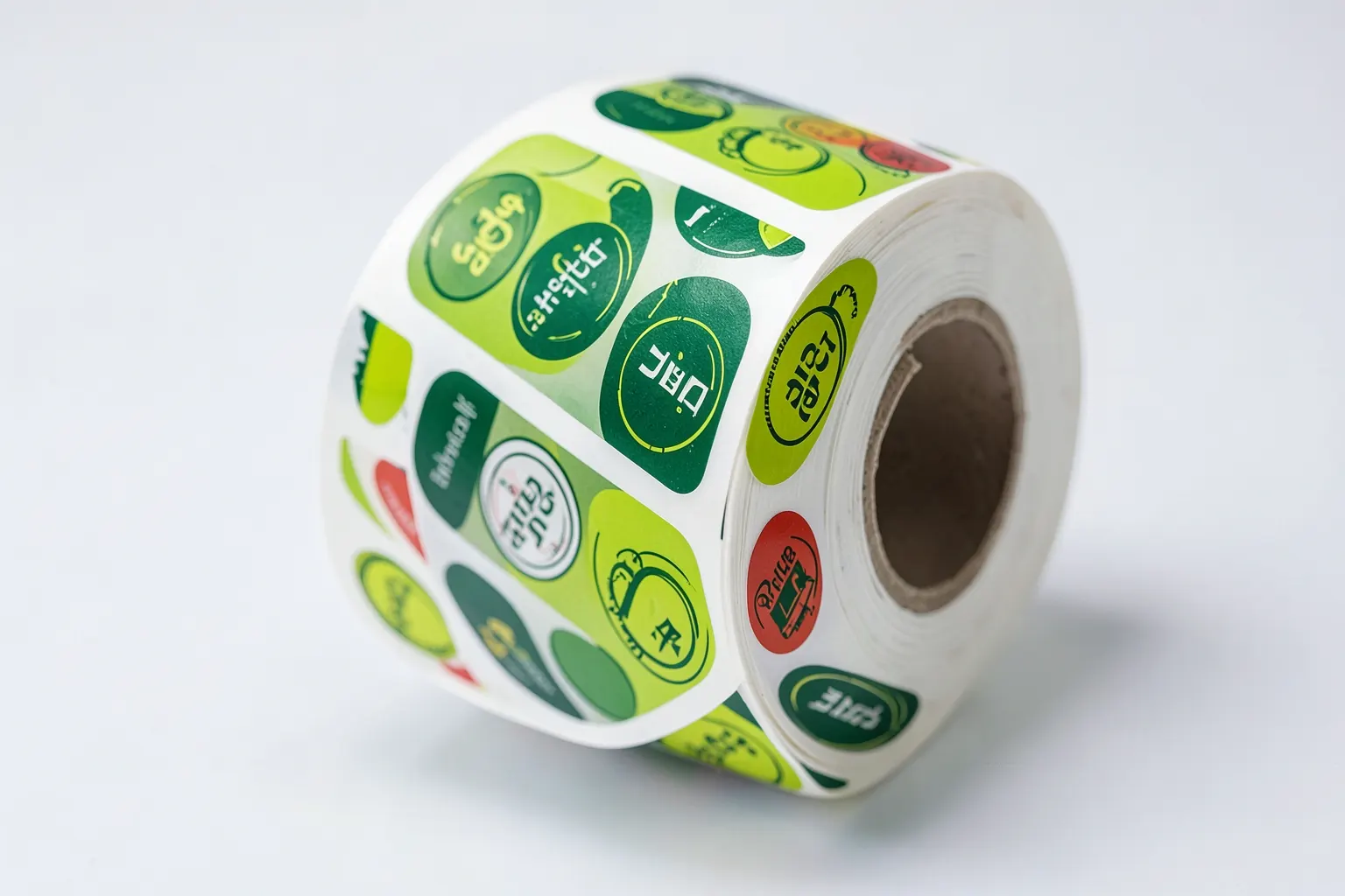 Um rolo de adesivos personalizados sendo desenrolado, mostrando um padrão repetido de logotipos de marcas em um fundo branco.