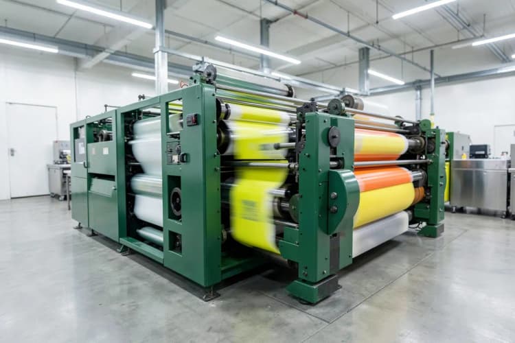Uma máquina de impressão industrial em funcionamento, com rolos girando e papel saindo em alta velocidade.