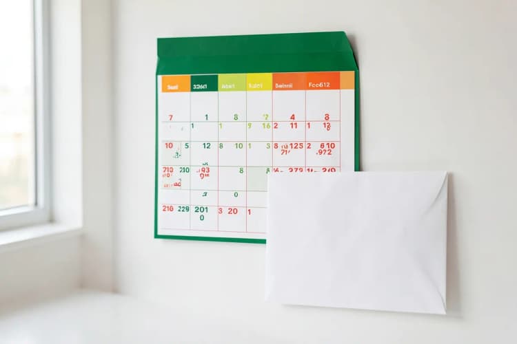 Um calendário de parede com datas marcadas em vermelho e um envelope de amostra de impressão ao lado.