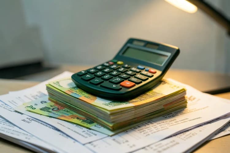 Uma calculadora e notas de dinheiro empilhadas sobre uma pilha de papéis impressos em um escritório.