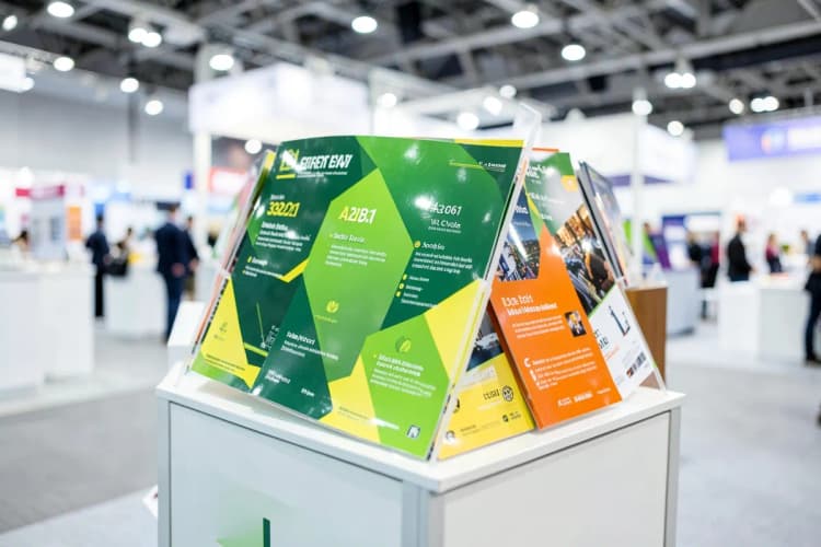 Um expositor de folhetos com material promocional de um evento corporativo em um ambiente de feira.