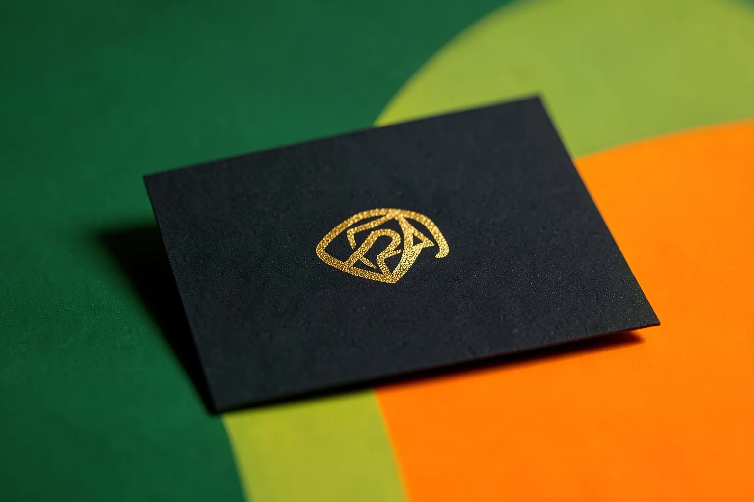 Um close-up de um cartão de visita com o logo de uma empresa em relevo dourado sobre um fundo escuro, com uma leve sombra projetada.
