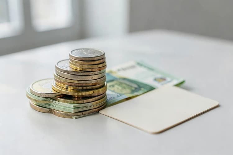 Pile de moedas e notas de dinheiro ao lado de um cartão de visita.