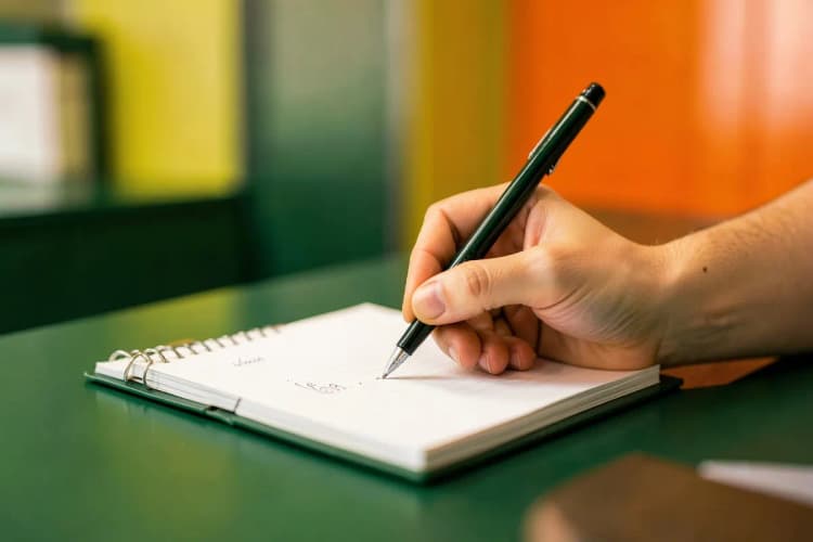 Mão escrevendo em um bloco de notas sobre um balcão de atendimento.