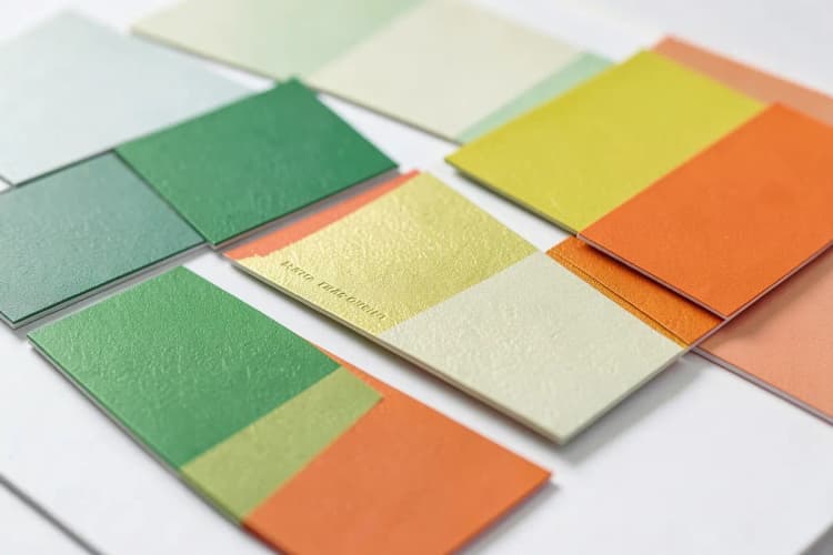 Variedade de amostras de acabamentos de cartões de visita, como verniz localizado e relevo.