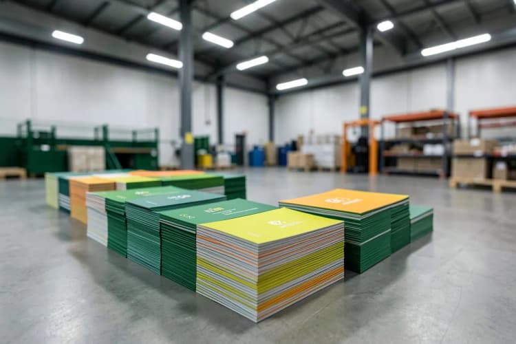 Caixas de cartões de visita sendo empilhadas para entrega.