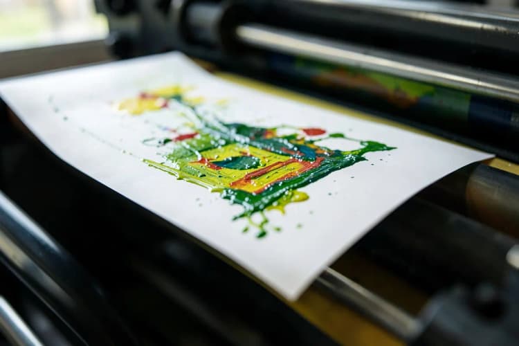 Close-up de uma folha de papel sendo impressa com tinta colorida em uma máquina gráfica.