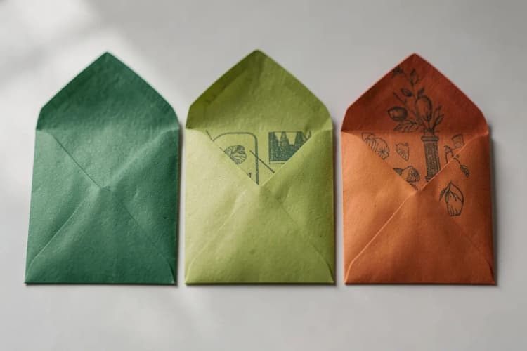 Três envelopes de papel abertos lado a lado, com detalhes de impressão variados.