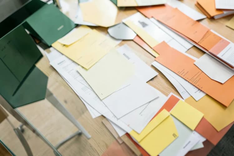 Uma pessoa organizando papéis e documentos em uma mesa de escritório.
