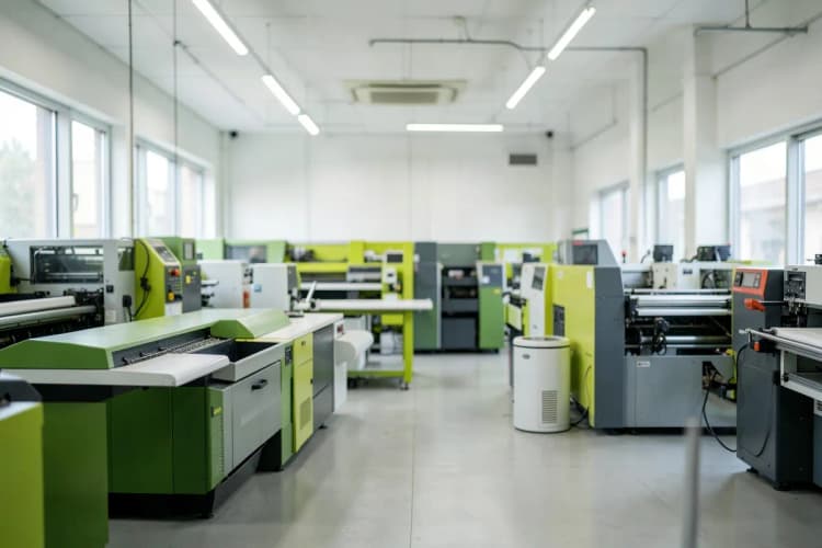 Uma gráfica moderna com equipamentos de impressão de alta tecnologia.