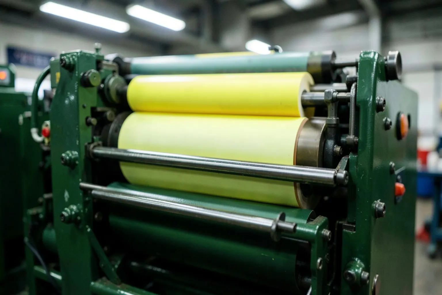 Impressora industrial em operação, com rolos de papel e tinta em destaque.
