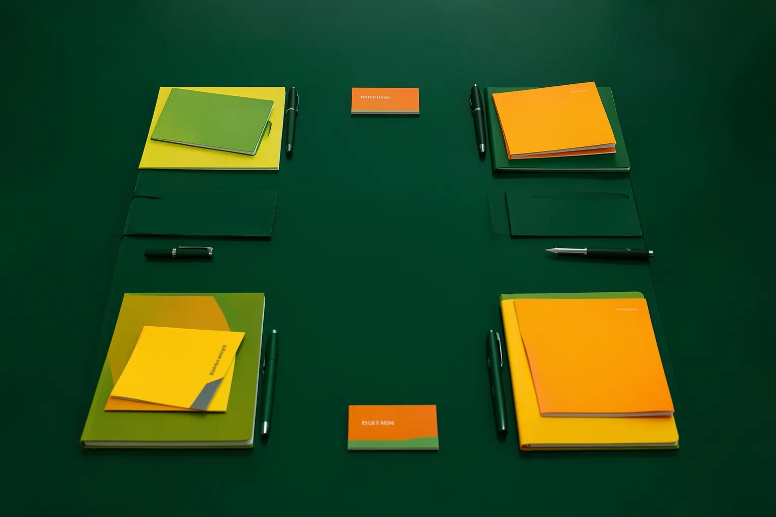 Vista aérea de uma mesa de conferência organizada com blocos de notas, canetas e crachás para um evento corporativo.