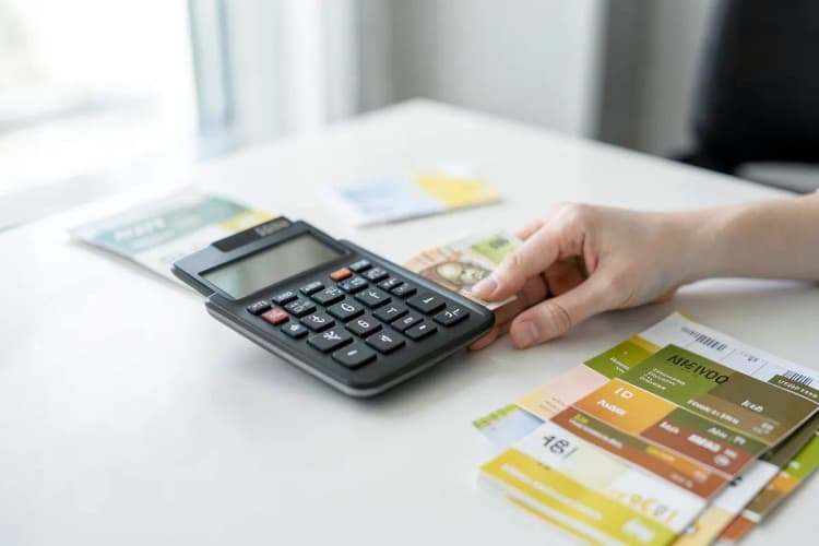 Uma mão segurando uma calculadora e notas de dinheiro sobre uma mesa com panfletos espalhados.