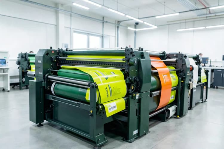 Uma impressora industrial em operação, produzindo uma grande quantidade de panfletos.