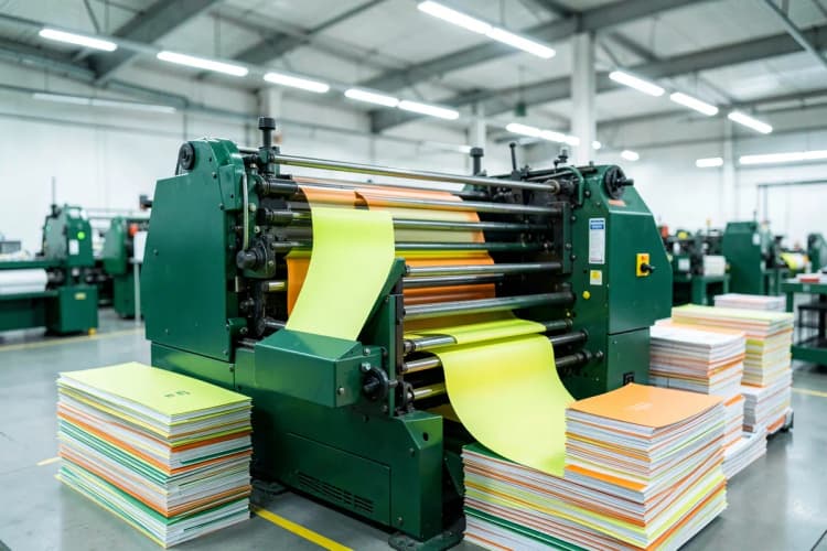 Máquina de impressão offset em alta velocidade, com folhas de papel saindo.