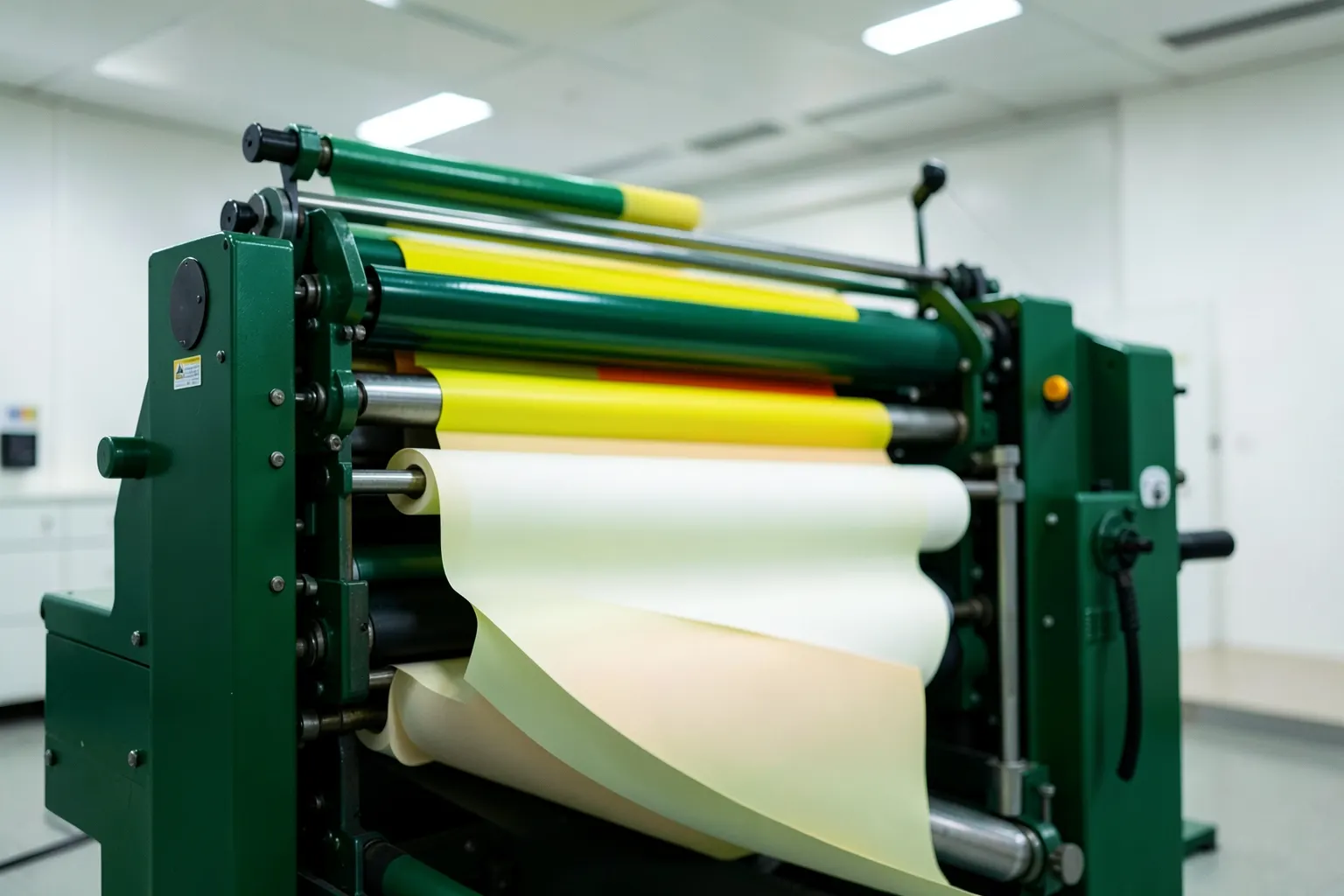 Máquina de impressão offset industrial em operação, com foco em rolos e tinta.
