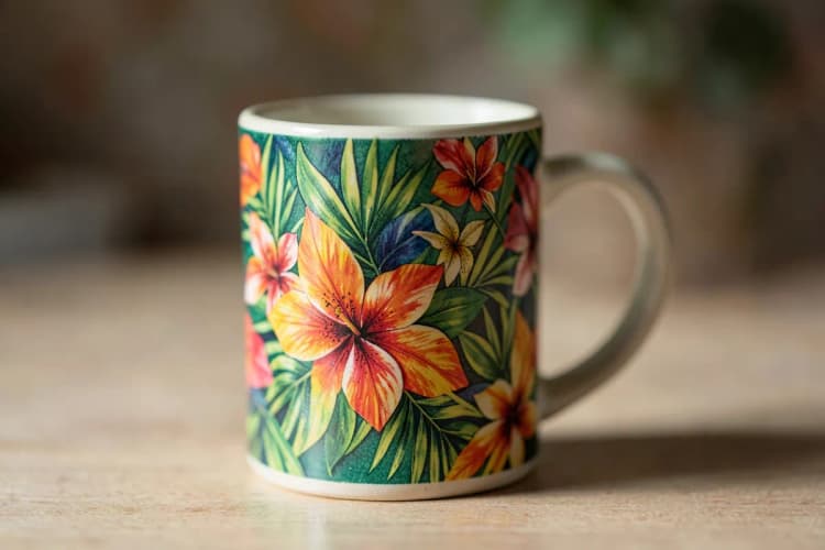 Caneca de cerâmica com estampa de flores tropicais vibrantes, em plano médio, com foco nas cores vivas.