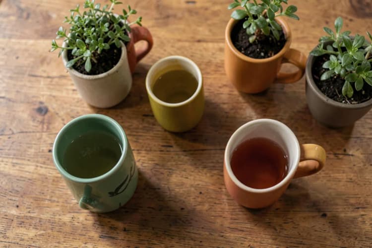 Vista de cima de uma mesa de madeira com várias canecas personalizadas com diferentes designs, algumas com pequenas plantas.