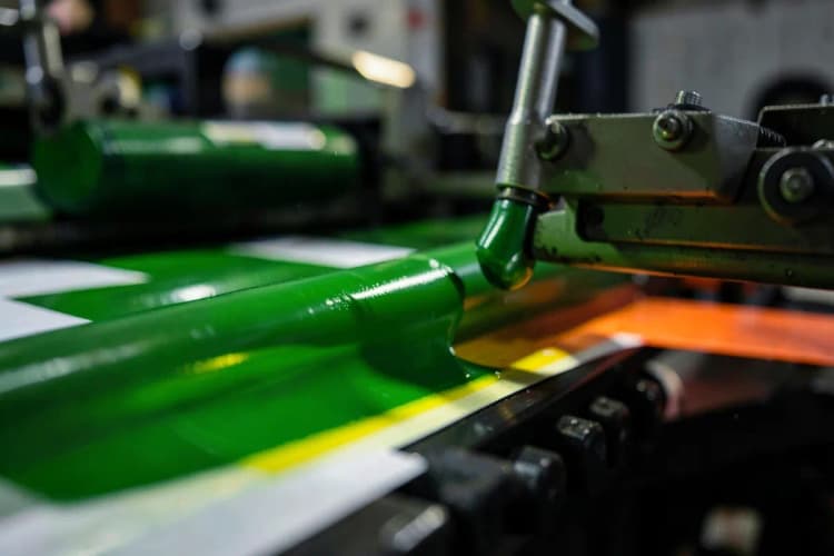 Detalhe de uma máquina de impressão gráfica em funcionamento, focando em um rolo transferindo tinta para um material.
