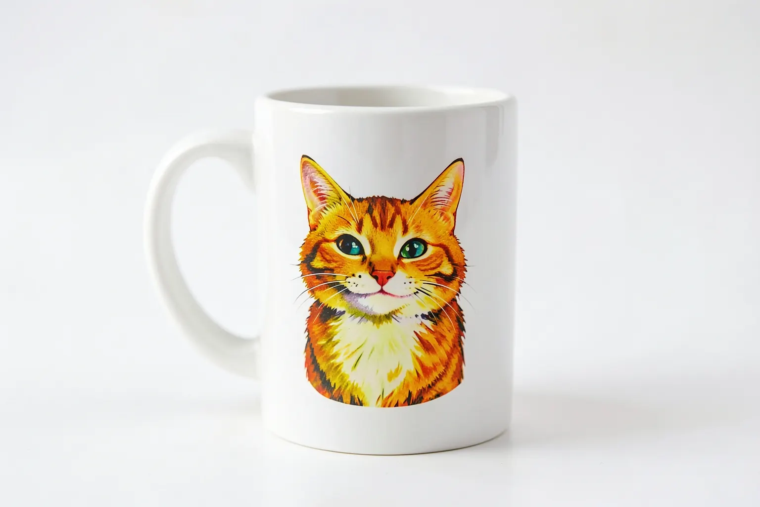 Caneca de cerâmica branca com estampa colorida de um gato sorrindo, em close-up sobre fundo branco.