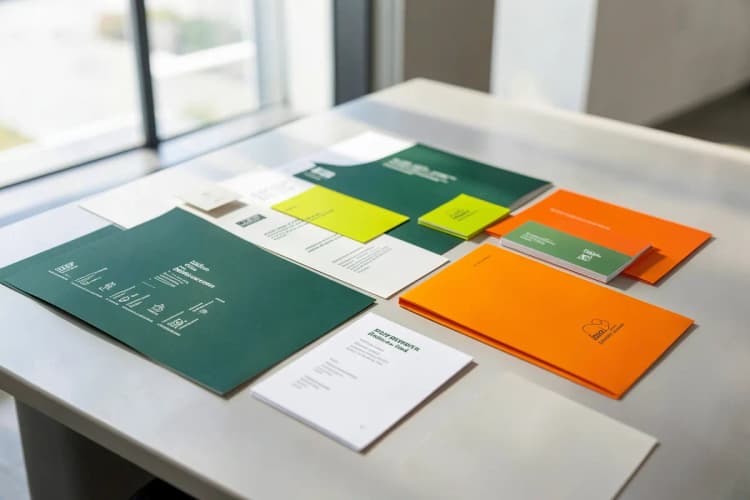 Uma variedade de materiais impressos para eventos, como banners, cartões de visita e blocos de notas, organizados em uma mesa.