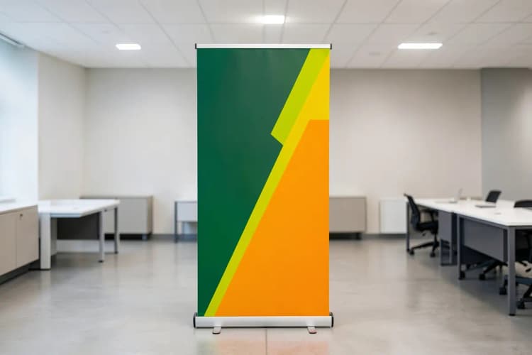 Um banner de evento corporativo com design limpo e profissional em um ambiente de escritório moderno.
