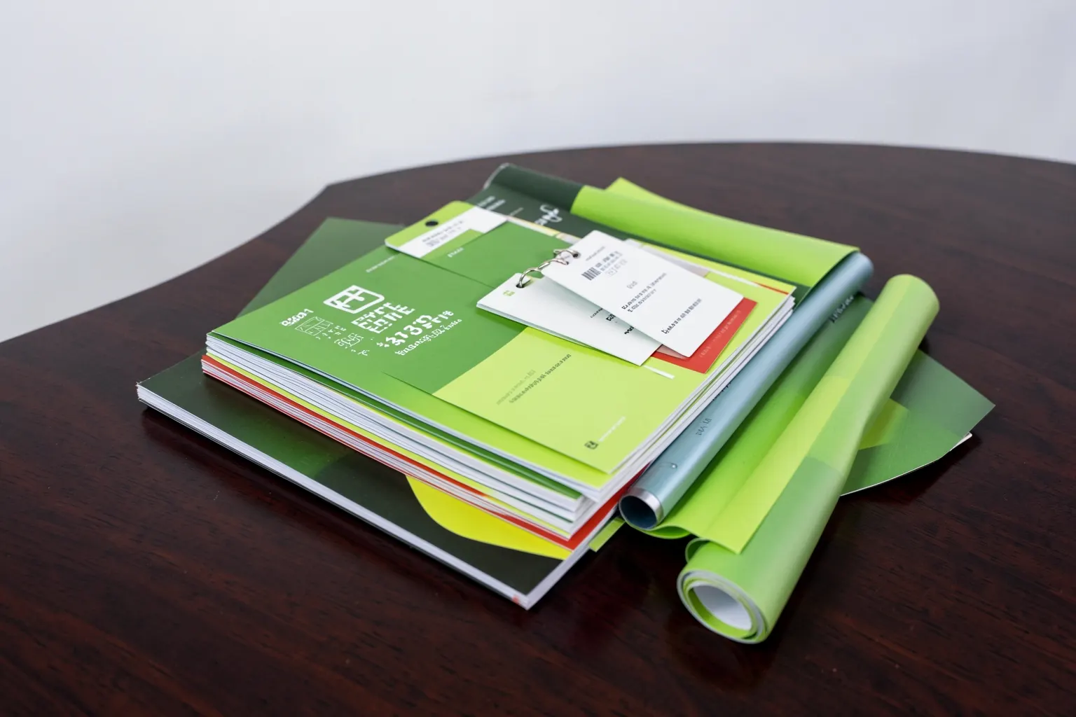 Um conjunto de materiais de eventos corporativos, incluindo crachás, folhetos e banners, dispostos sobre uma mesa de madeira escura.