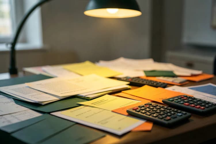 Uma pessoa organizando papéis e calculadoras em uma mesa de escritório, simulando o processo de orçamento.