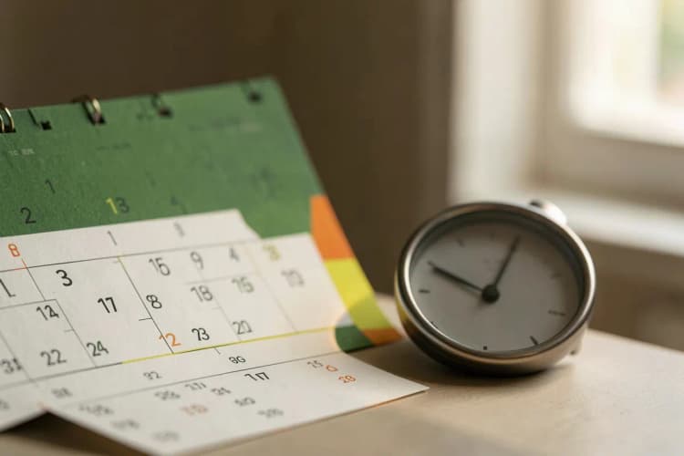 Um calendário com datas marcadas e um relógio ao lado, simbolizando a passagem do tempo para receber orçamentos.