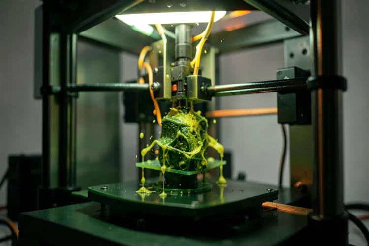 Uma impressora 3D criando um objeto complexo, mostrando a precisão e o detalhe do processo de fabricação.
