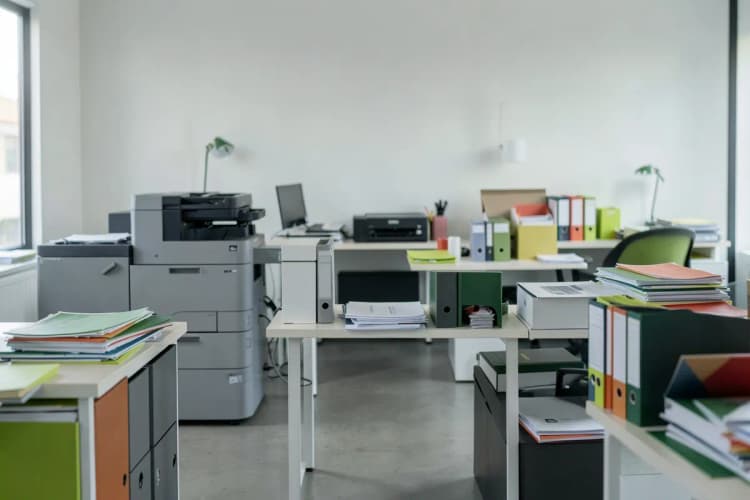 Um escritório moderno com equipamentos de impressão e materiais gráficos organizados, representando a empresa Impressão de Materiais Gráficos.