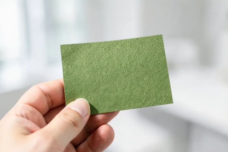 Mão segurando um cartão de visita com textura, com foco na escolha do material.