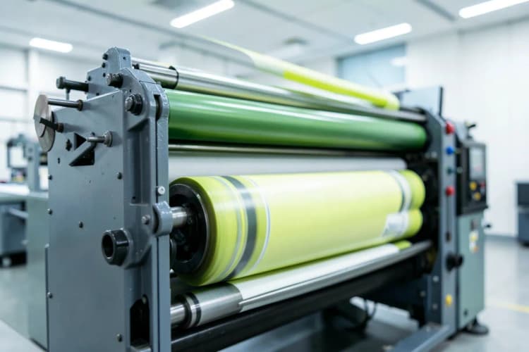 Impressora gráfica industrial em operação, com foco nos rolos e na saída de material.