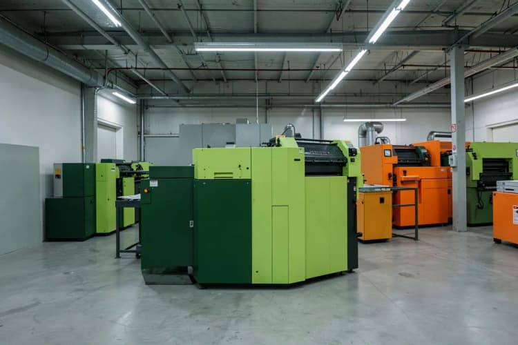 Máquinas de impressão offset industriais em uma fábrica, com rolos e chapas visíveis.